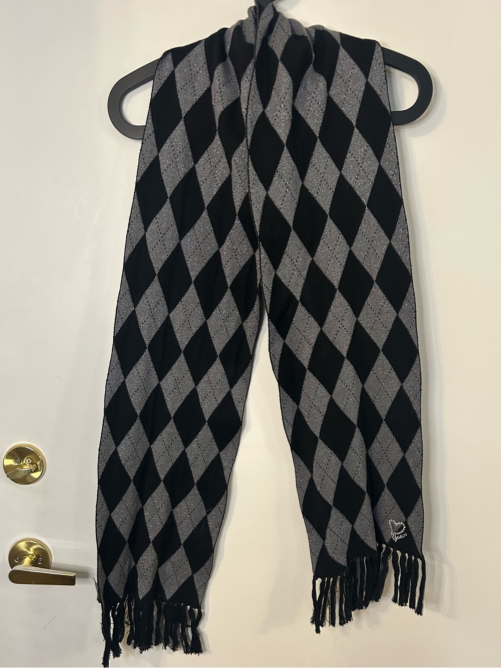 Guess Black and Silver Argyle Knit Scarf with Fringe
